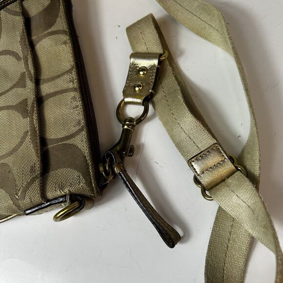 Coach Tan Brown Signature Canvas Champagne Gold Stripe Small Crossbody Bag - Picture 7 of 13